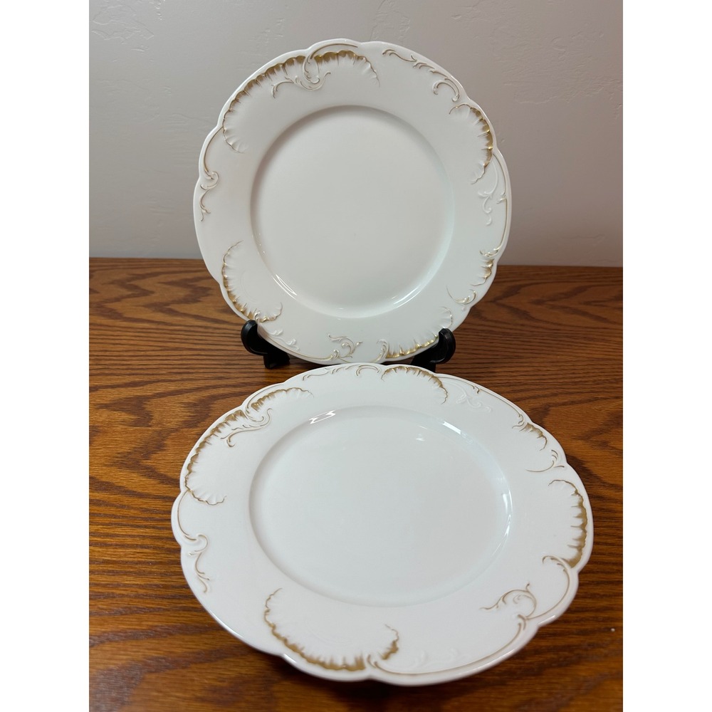 Haviland & Co Limoges Luncheon Plates Set of 2 White Gold Gilt Scalloped  Edge